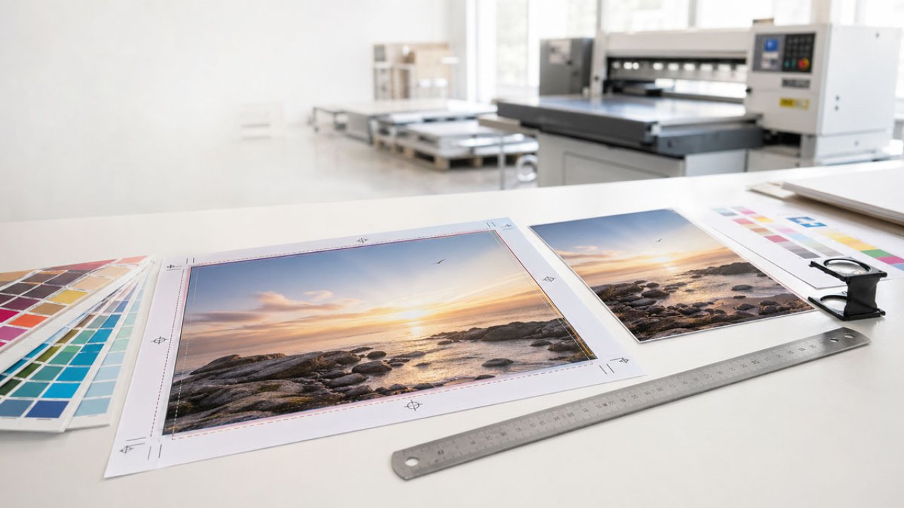 Druckbogen, Farbfächer und Schneidemaschine als Symbolbild für die Printproduktion